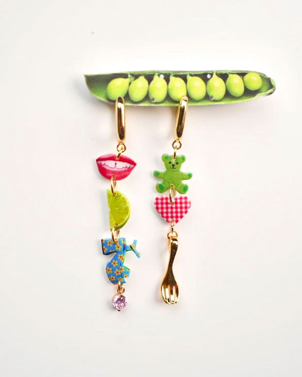 Lips & Bear Ohrringe mit Herz, Zitrone & Gabel-Charms
