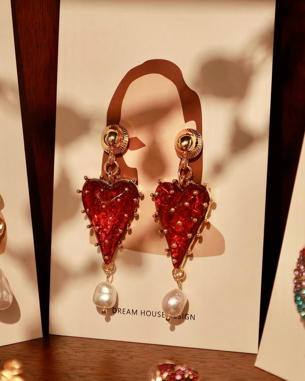 Red Heart Pearl Drop Earrings