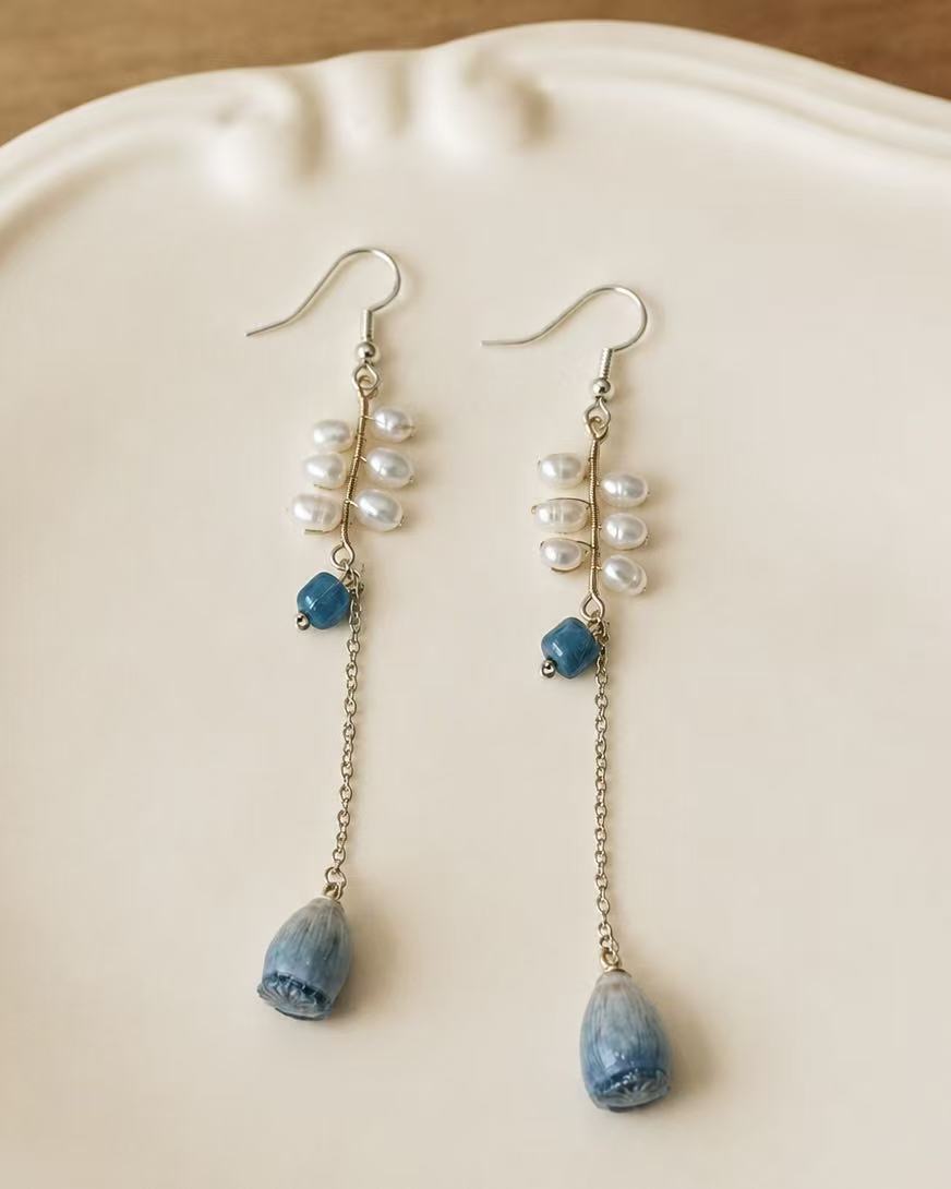 Blue Flower Pearl Earrings