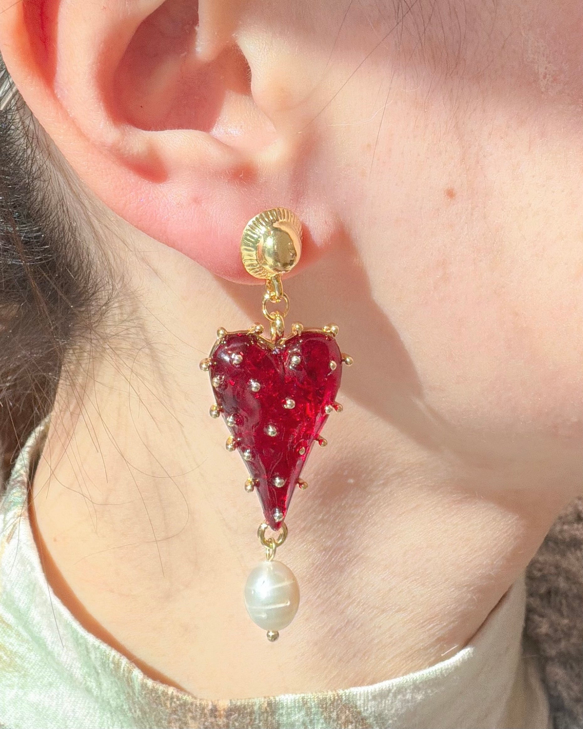 Red Heart Pearl Drop Earrings