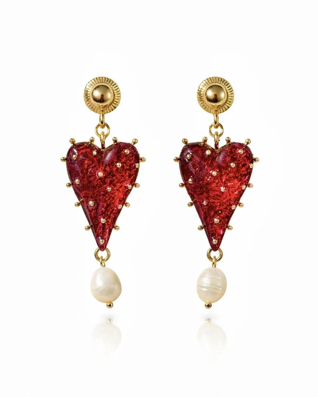 Red Heart Pearl Drop Earrings