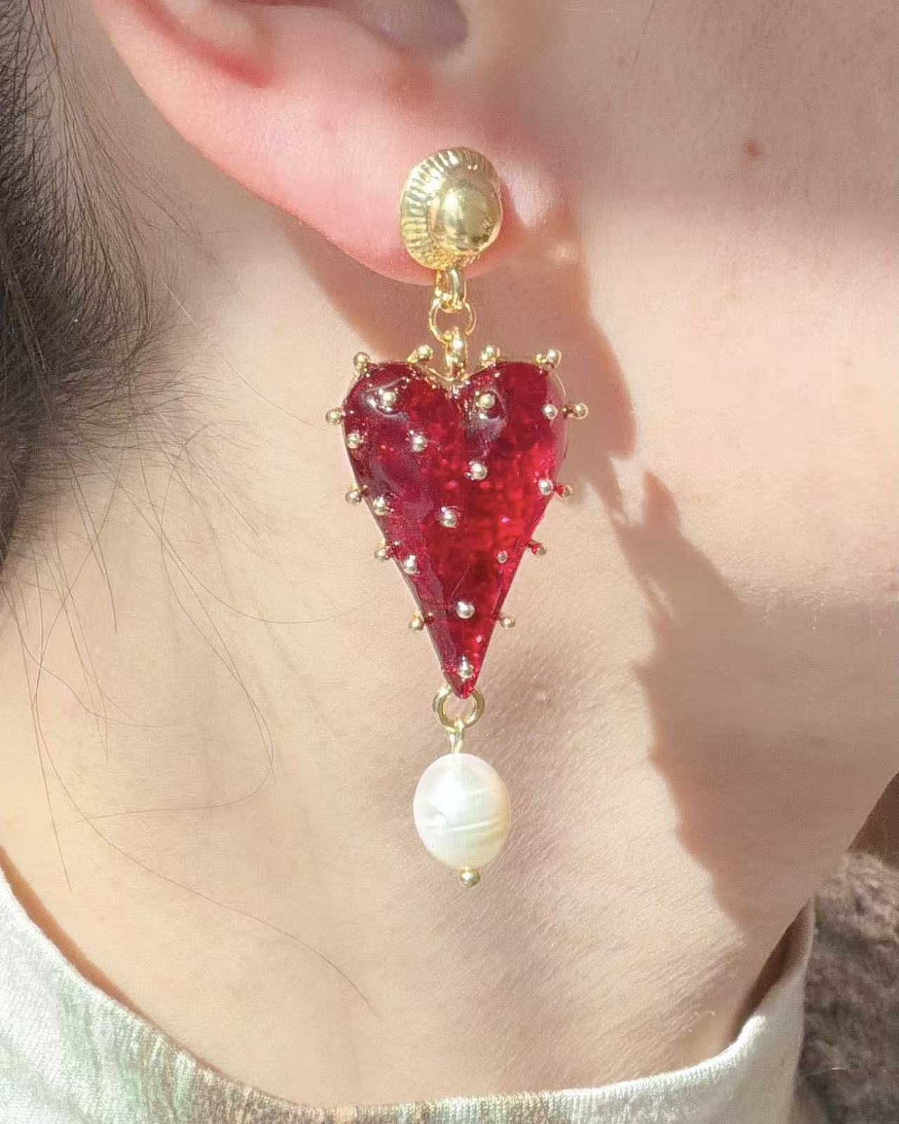 Red Heart Pearl Drop Earrings