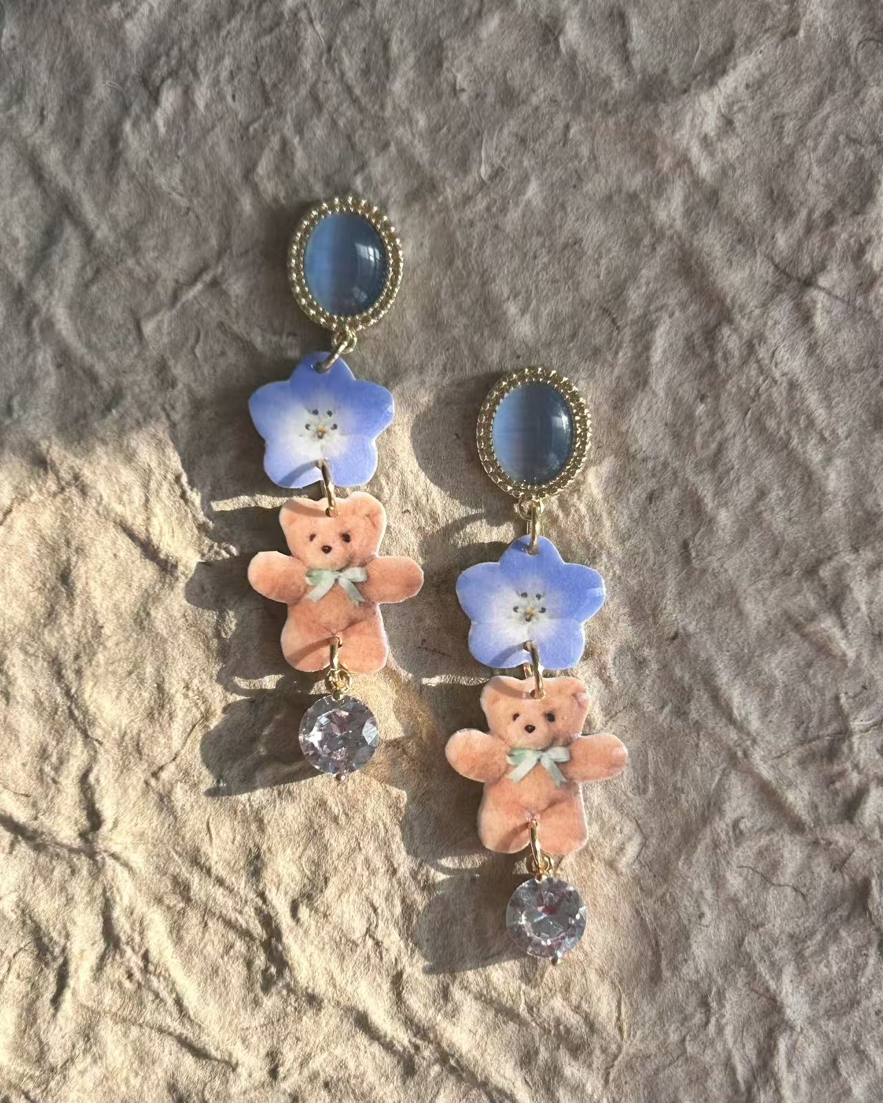 Blue Flower Bear Earrings