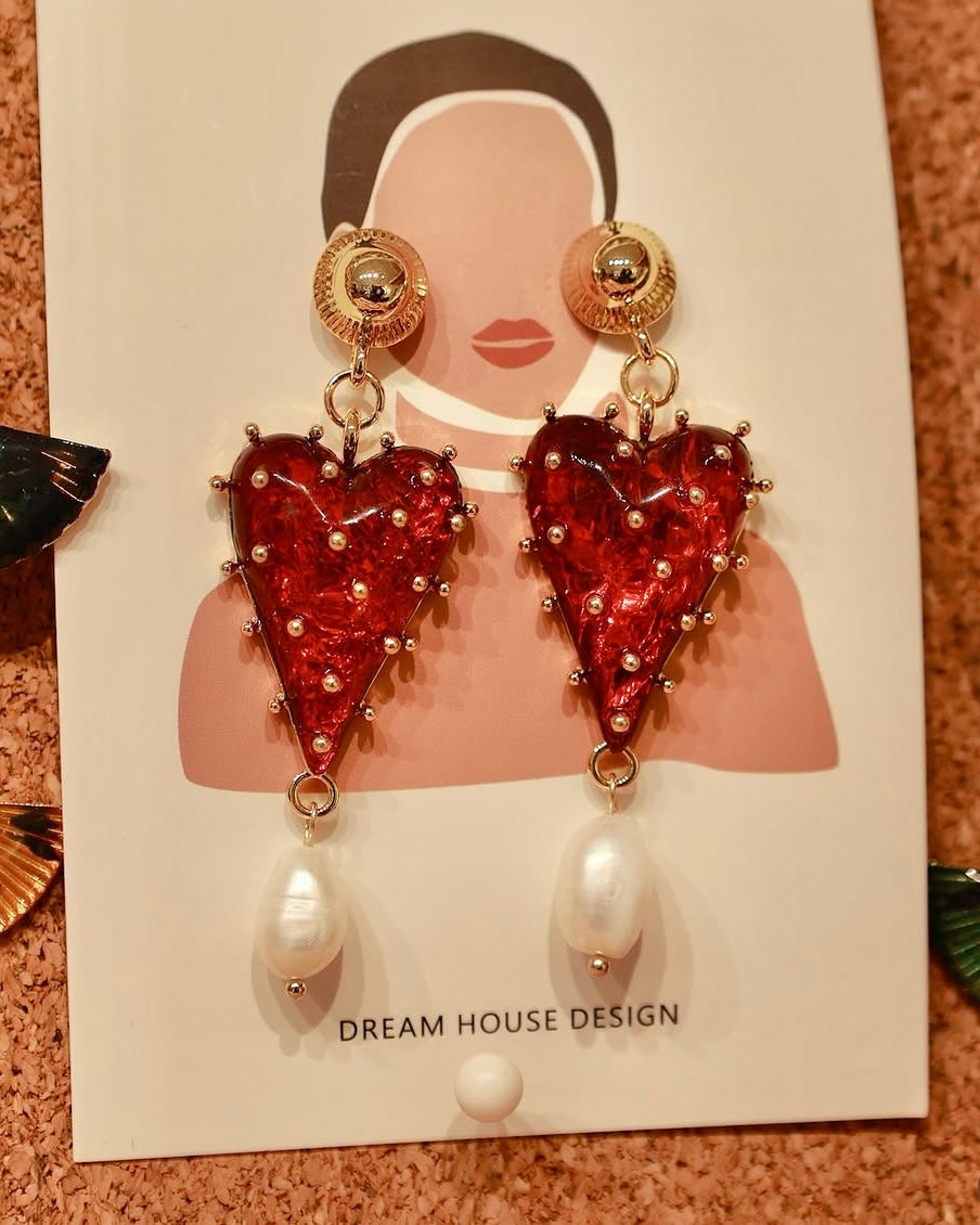 Red Heart Pearl Drop Earrings