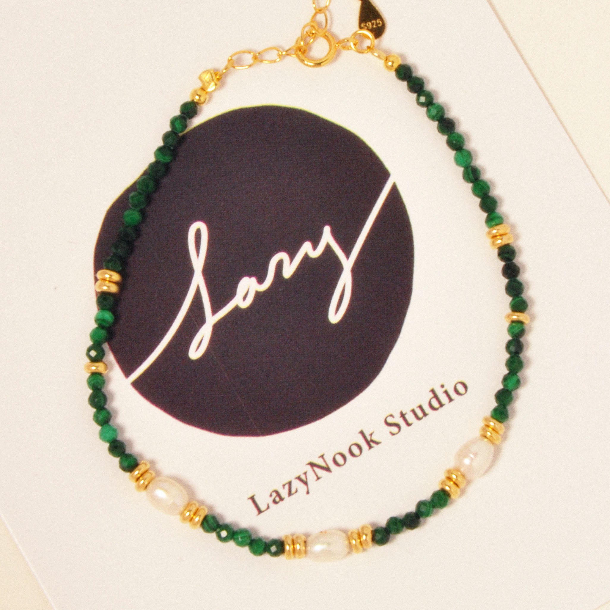 Ophelia Armband aus Malachit, Süßwasserperlen, 925 Silber