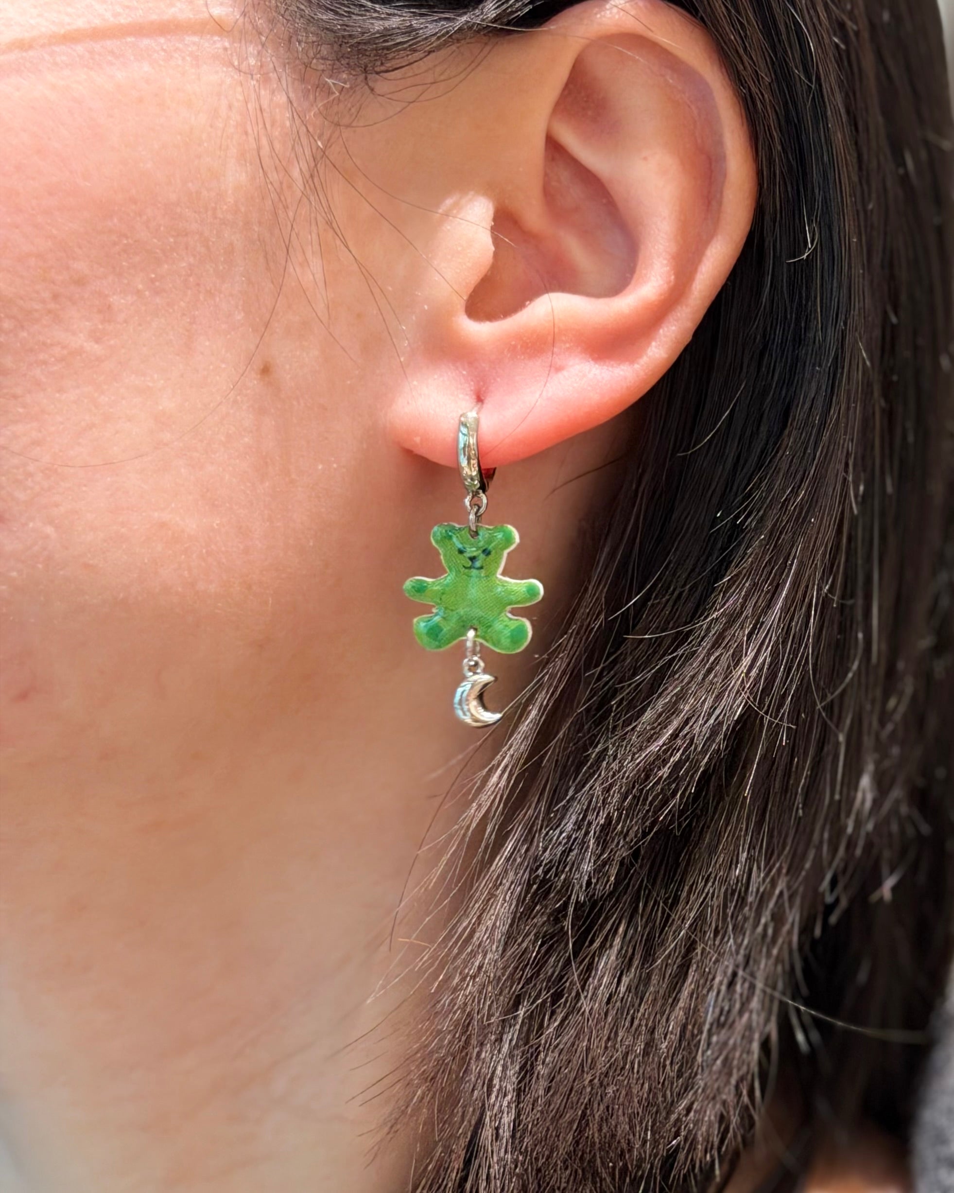 Green Teddy Moon Earrings