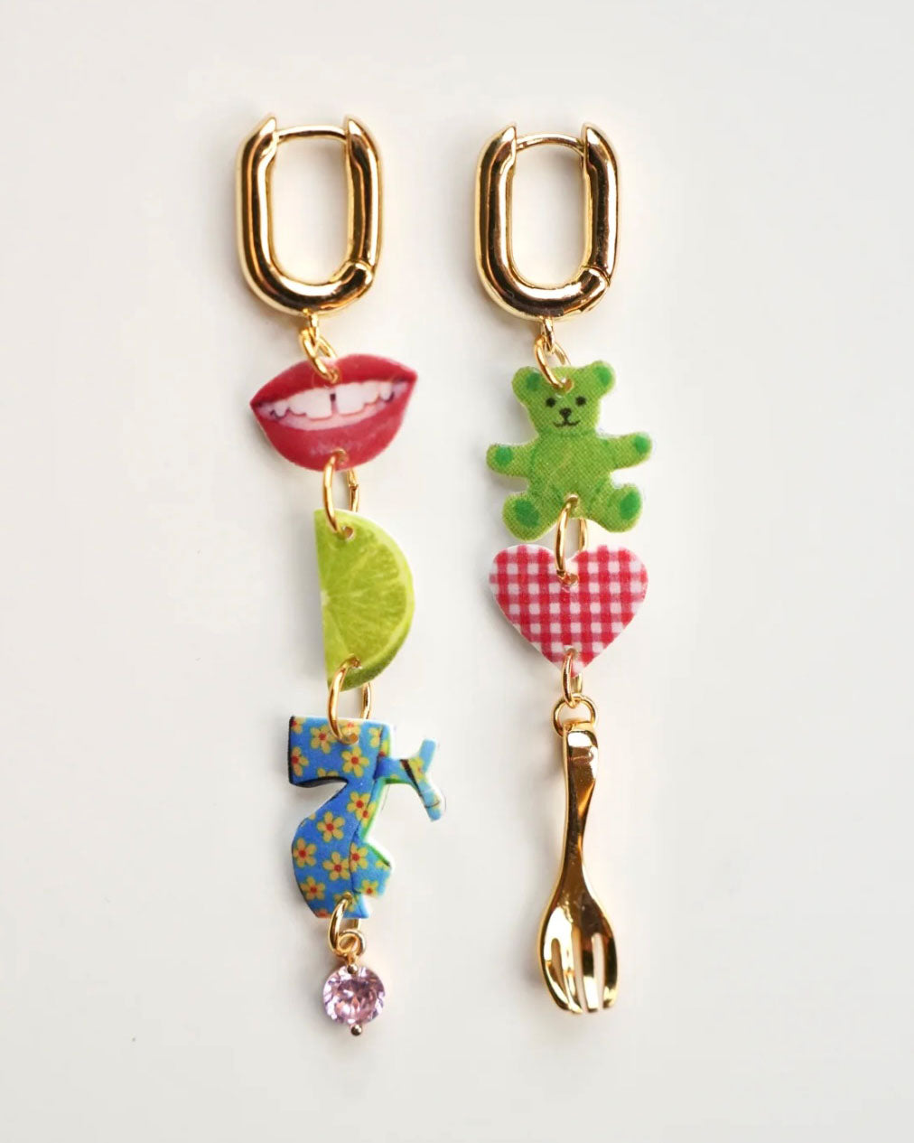 Lips & Bear Ohrringe mit Herz, Zitrone & Gabel-Charms
