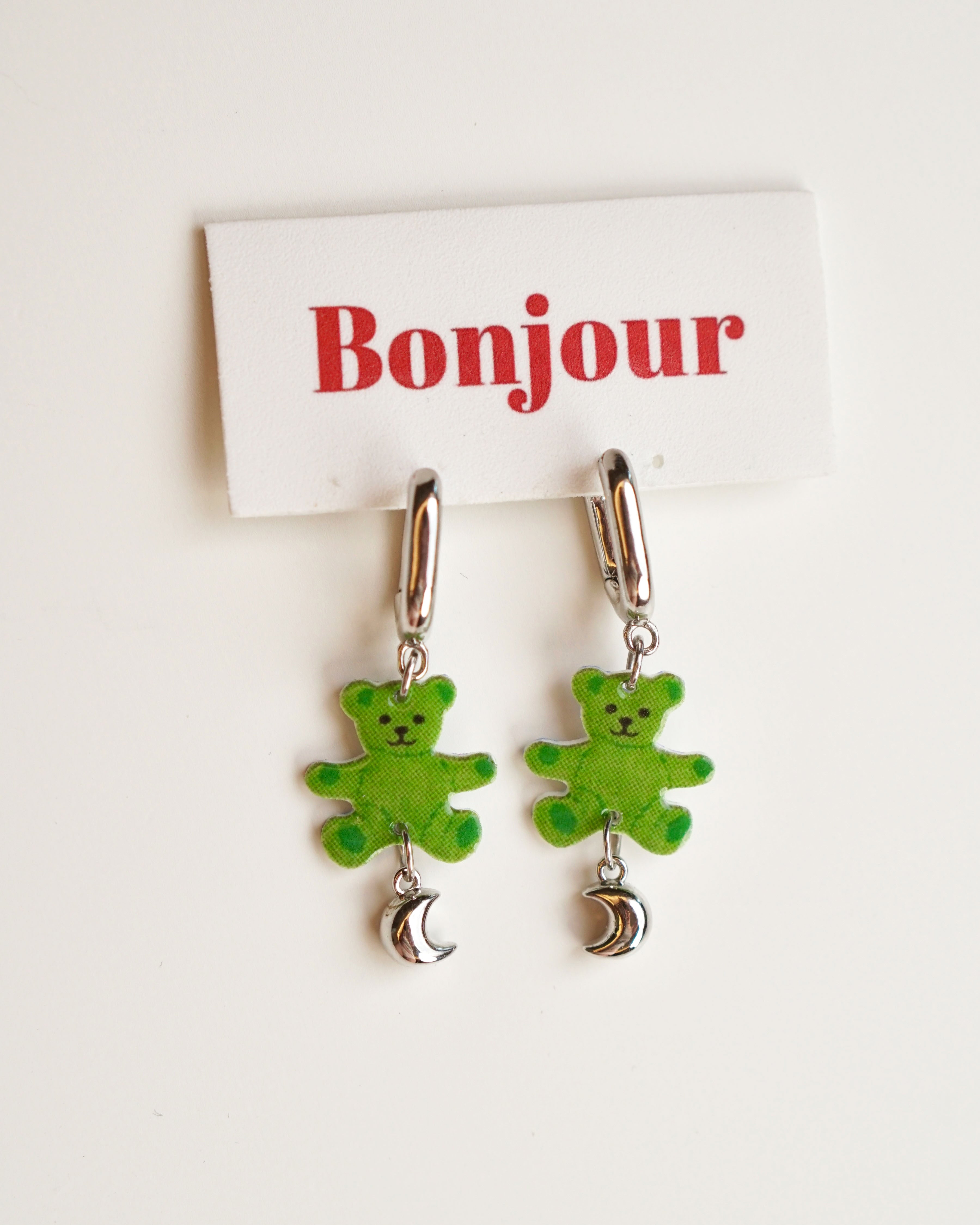 Green Teddy Moon Earrings