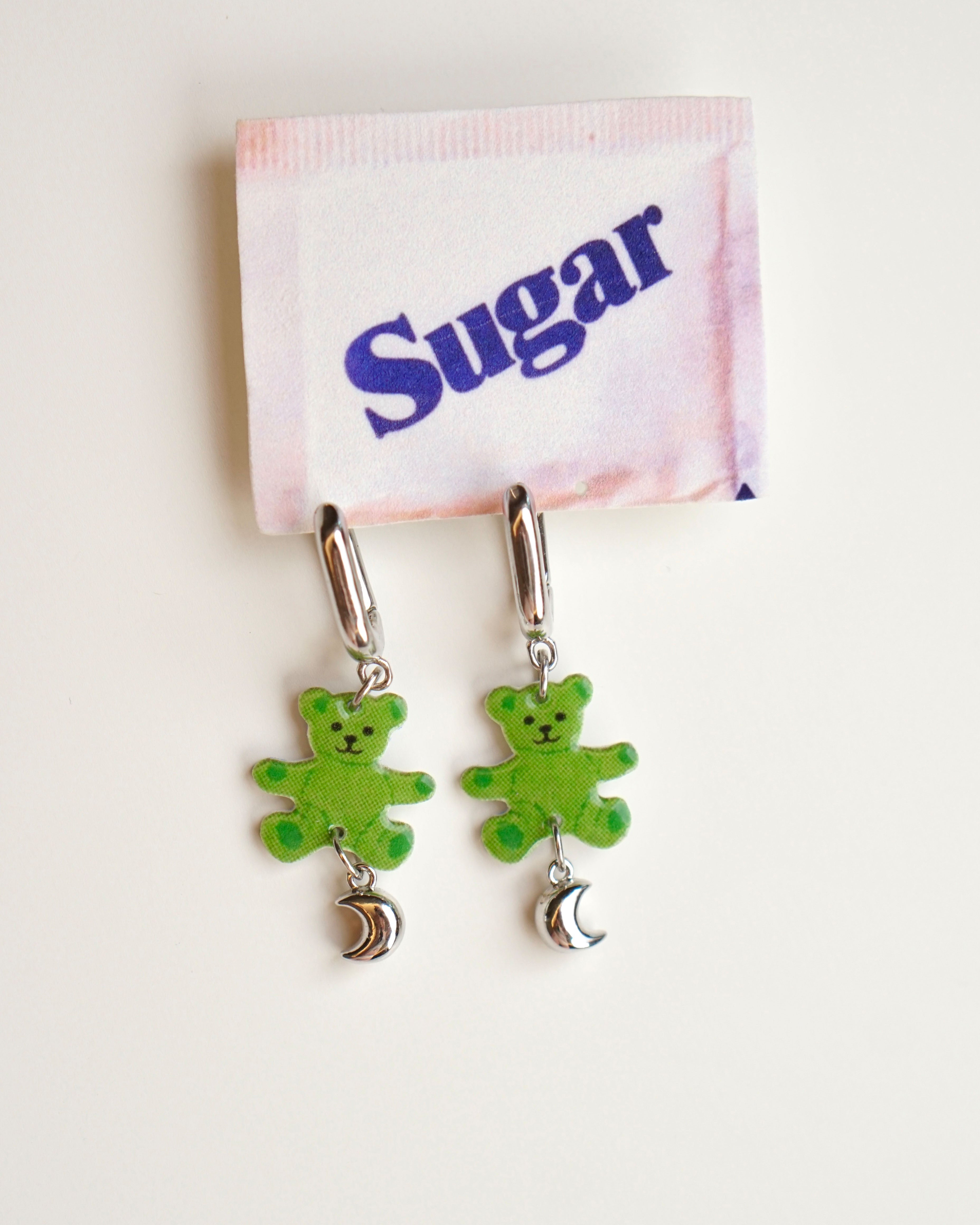 Green Teddy Moon Earrings